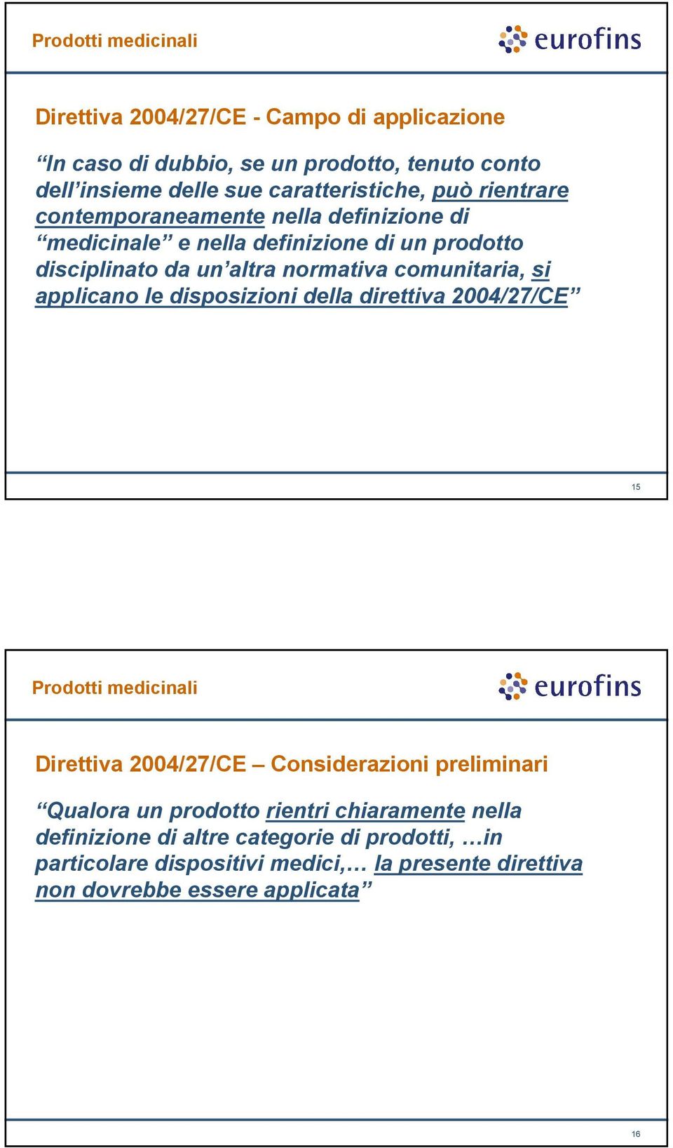 comunitaria, si applicano le disposizioni della direttiva 2004/27/CE 15 Prodotti medicinali Direttiva 2004/27/CE Considerazioni preliminari Qualora un