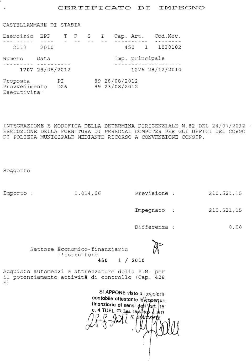 82 DEL 24/07/2012 - ESECUZIONE DELLA FORNITURA DI PERSONAL COMPUTER PER GLI UFFICI DEL CORPO DI POLIZ:A MUNICIPALE MEDik~TE RICORSO A CONVENZIONE CONSIP. Soggetto Importo 1.