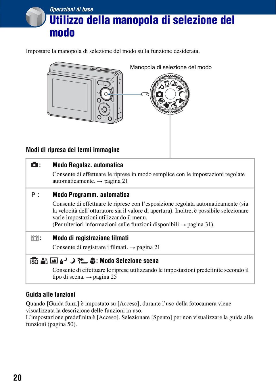 t pagina 21 : Modo Programm. automatica Consente di effettuare le riprese con l esposizione regolata automaticamente (sia la velocità dell otturatore sia il valore di apertura).
