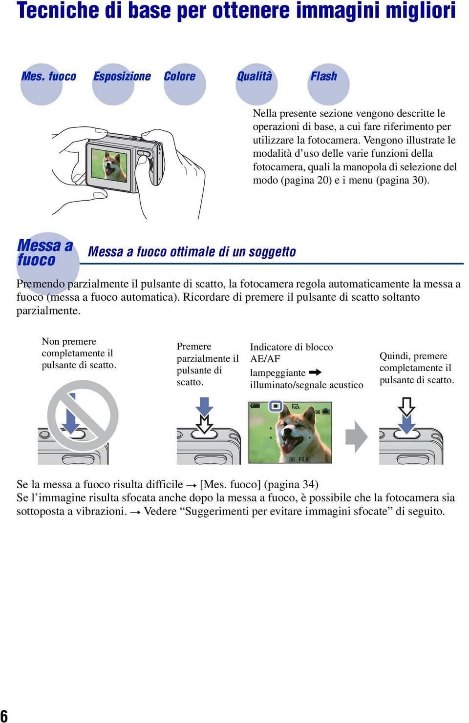 Vengono illustrate le modalità d uso delle varie funzioni della fotocamera, quali la manopola di selezione del modo (pagina 20) e i menu (pagina 30).