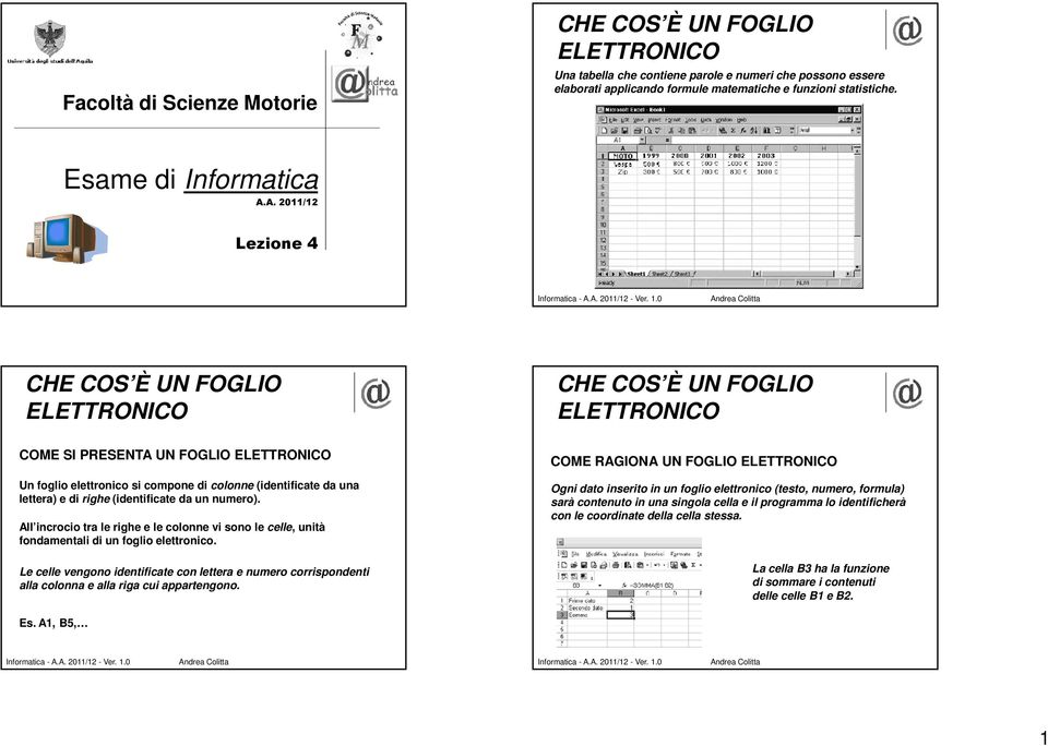 A. 2011/12 Lezione 4 CHE COS È UN FOGLIO ELETTRONICO CHE COS È UN FOGLIO ELETTRONICO COME SI PRESENTA UN FOGLIO ELETTRONICO Un foglio elettronico si compone di colonne (identificate da una lettera) e