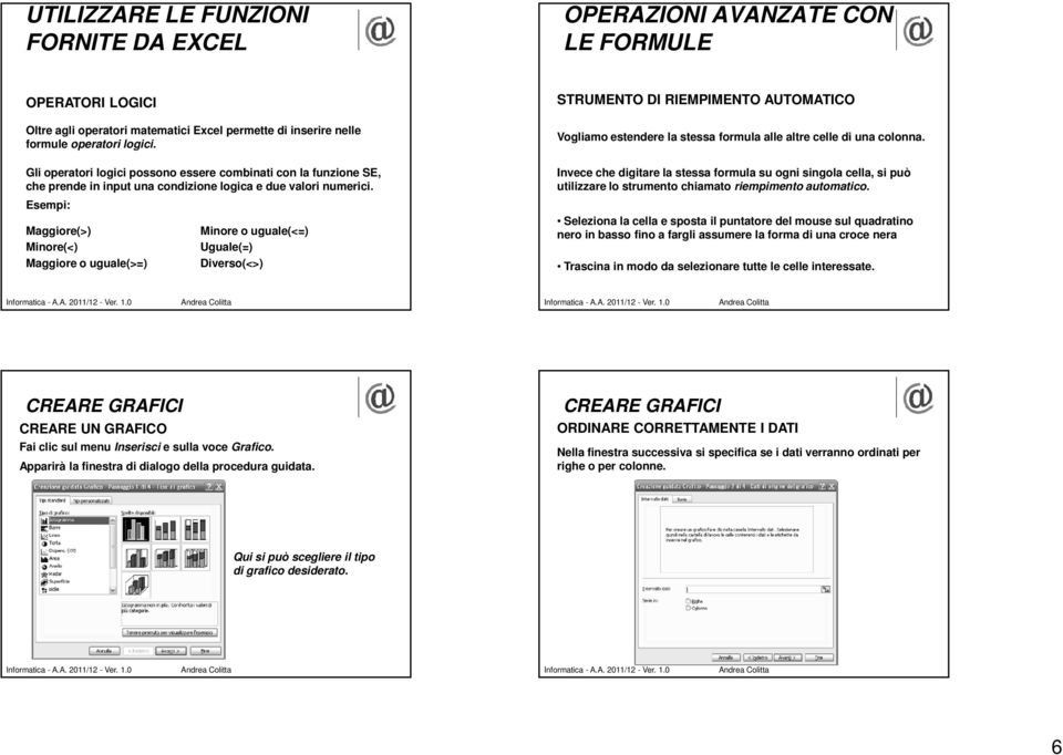 Esempi: Maggiore(>) Minore(<) Maggiore o uguale(>=) Minore o uguale(<=) Uguale(=) Diverso(<>) STRUMENTO DI RIEMPIMENTO AUTOMATICO Vogliamo estendere la stessa formula alle altre celle di una colonna.