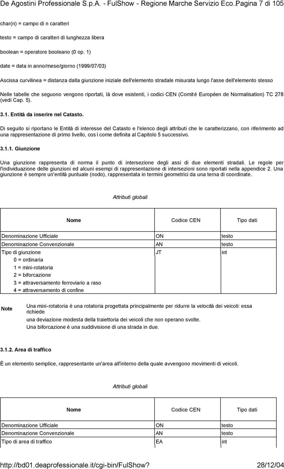 1) date = data in anno/mese/giorno (1999/07/03) Ascissa curvilinea = distanza dalla giunzione iniziale dell'elemento stradale misurata lungo l'asse dell'elemento stesso Nelle tabelle che seguono