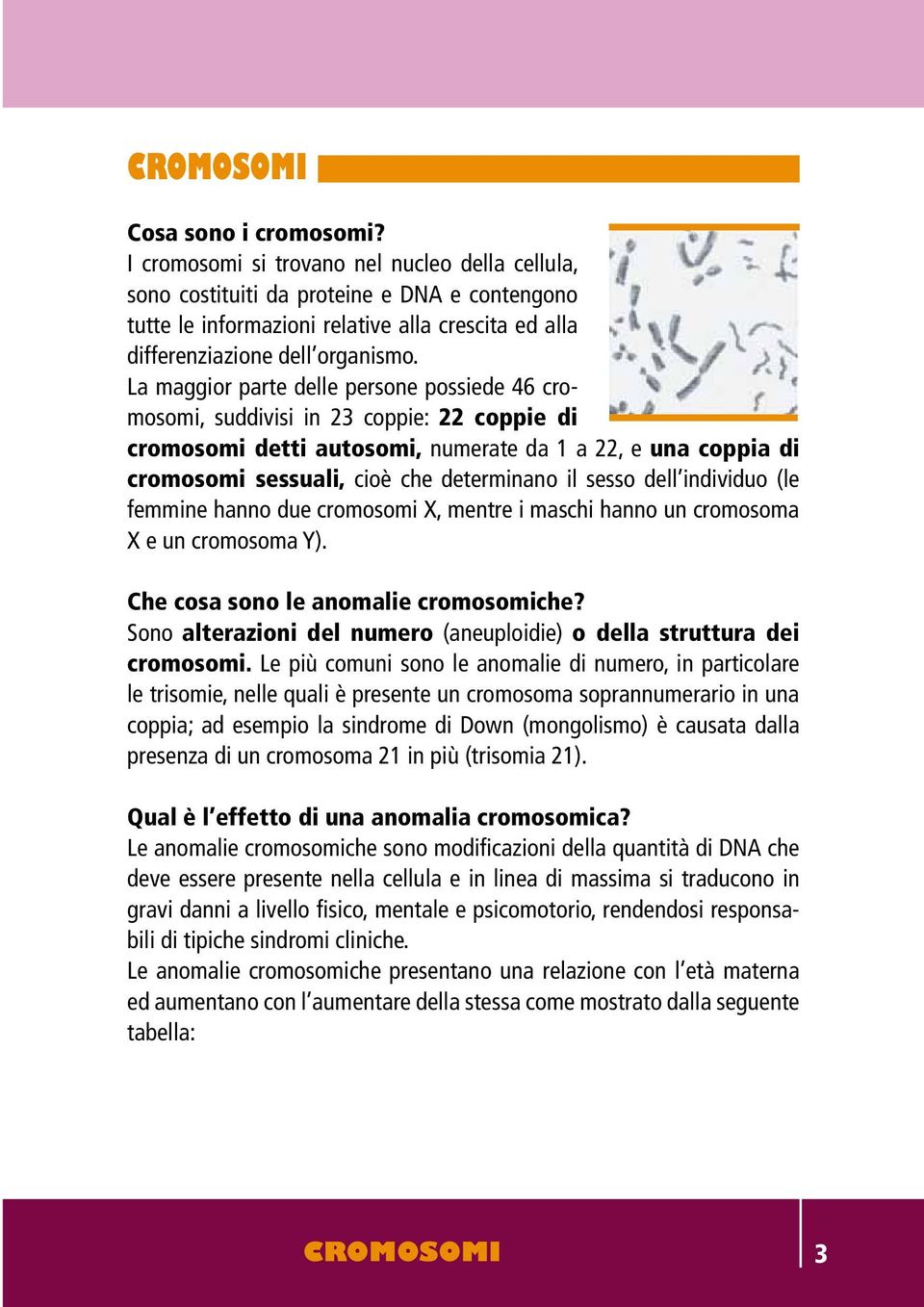 La maggior parte delle persone possiede 46 cromosomi, suddivisi in 23 coppie: 22 coppie di cromosomi detti autosomi, numerate da 1 a 22, e una coppia di cromosomi sessuali, cioè che determinano il