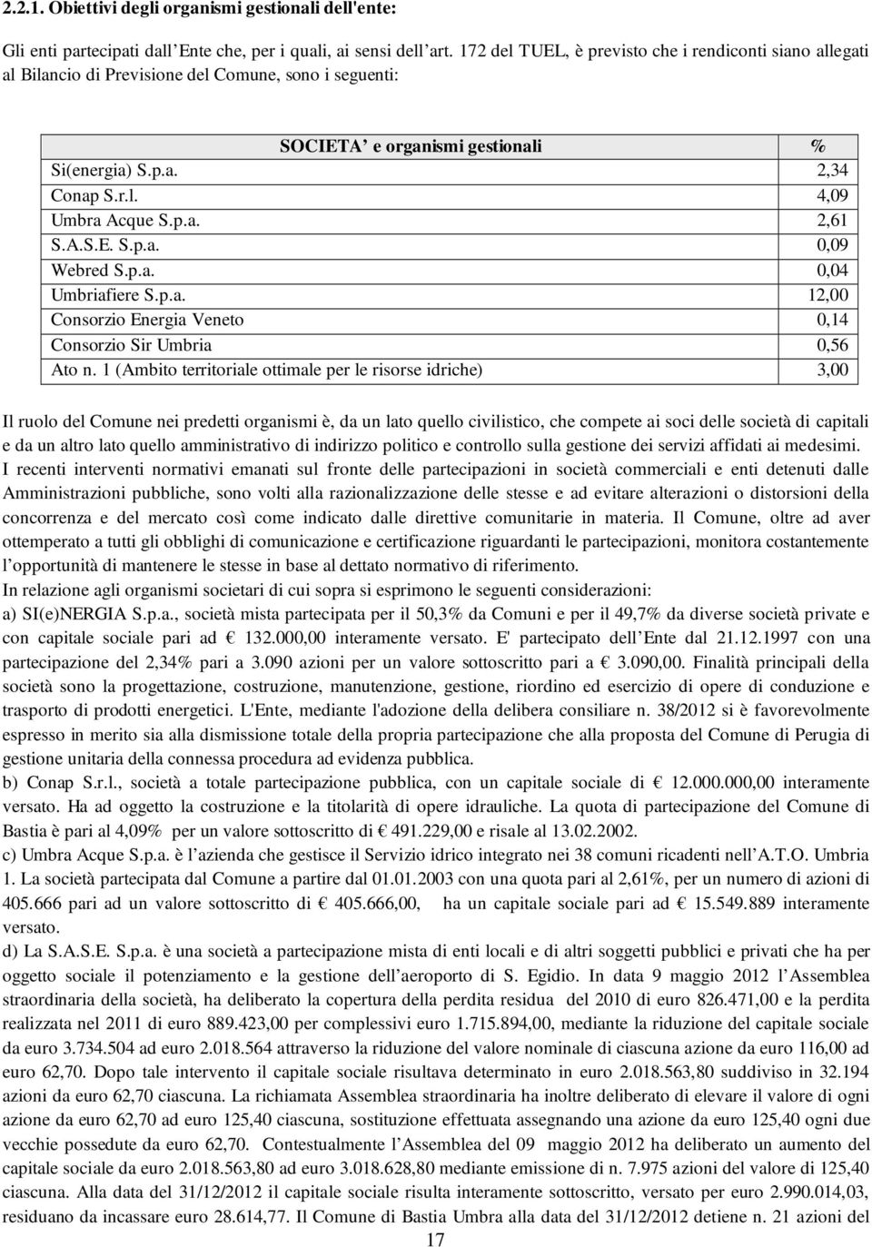 p.a. 2,61 S.A.S.E. S.p.a. 0,09 Webred S.p.a. 0,04 Umbriafiere S.p.a. 12,00 Consorzio Energia Veneto 0,14 Consorzio Sir Umbria 0,56 Ato n.