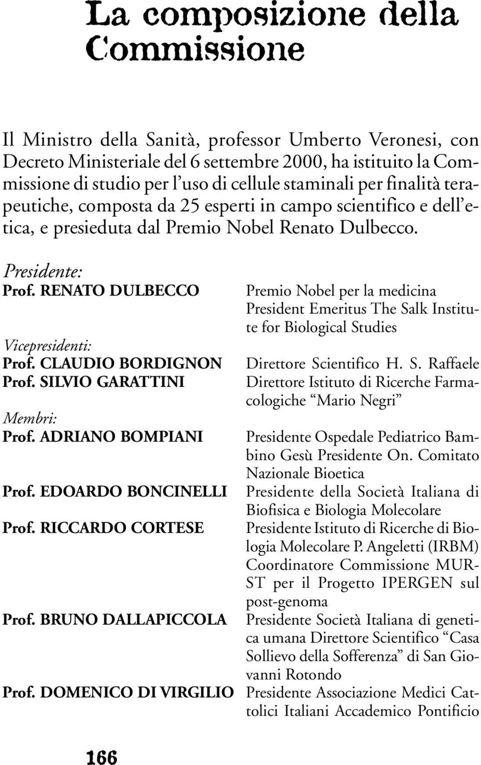 CLAUDIO BORDIGNON Prof. SILVIO GARATTINI Membri: Prof. ADRIANO BOMPIANI Prof. EDOARDO BONCINELLI Prof. RICCARDO CORTESE Prof.