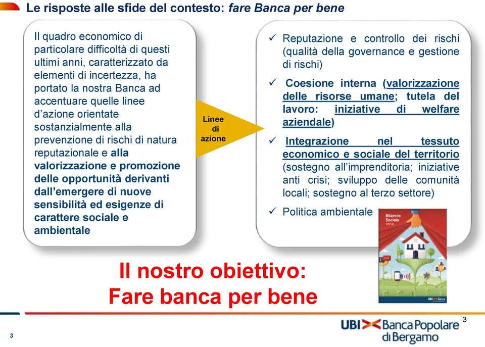 sensibilità ed esigenze di carattere sociale e ambientale Linee di azione Reputazione e controllo dei rischi (qualità della governance e gestione di rischi) Coesione interna (valorizzazione delle