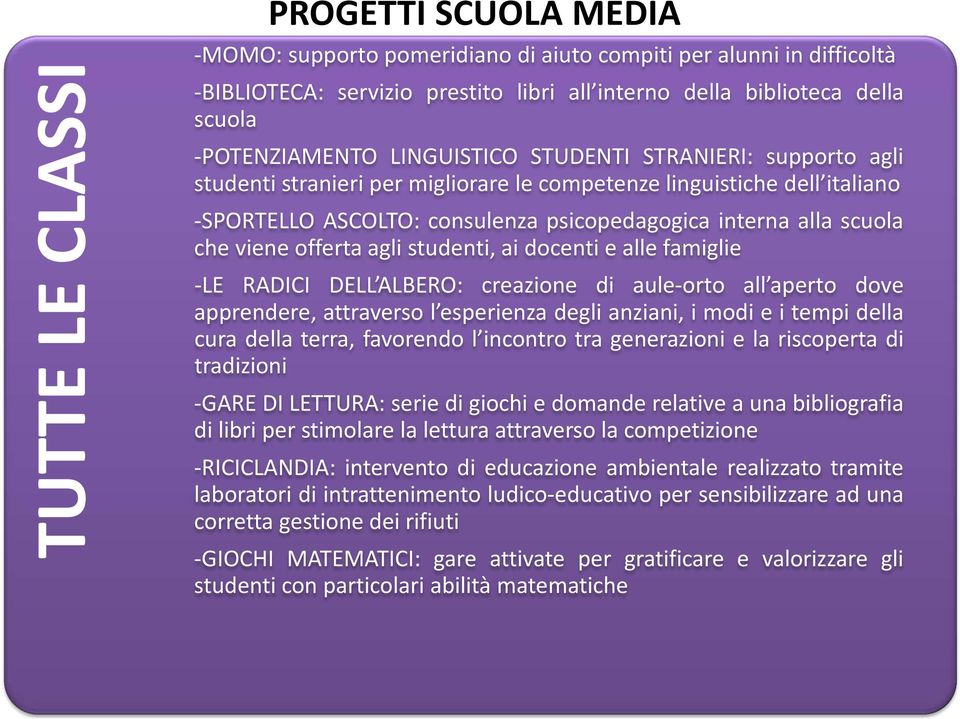 scuola che viene offerta agli studenti, ai docenti e alle famiglie -LE RADICI DELL ALBERO: creazione di aule-orto all aperto dove apprendere, attraverso l esperienza degli anziani, i modi e i tempi