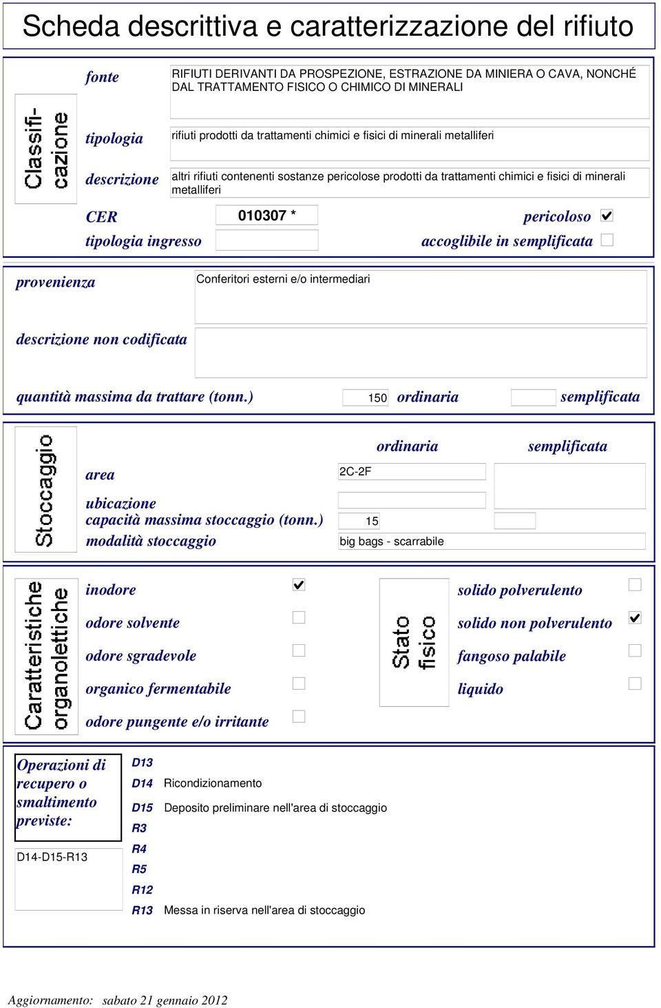 Conferitori esterni e/o intermediari non codificata quantità massima da trattare (tonn.) 150 area 2C-2F ubicazione capacità massima stoccaggio (tonn.