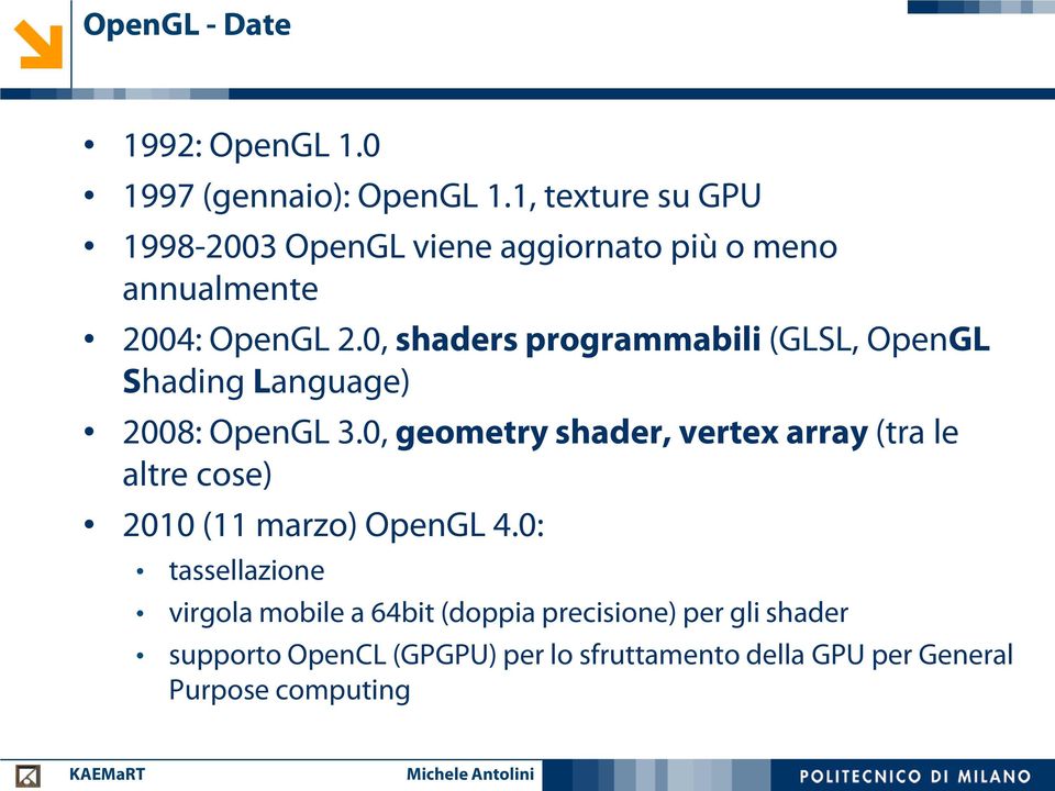 0, shaders programmabili (GLSL, OpenGL Shading Language) 2008: OpenGL 3.