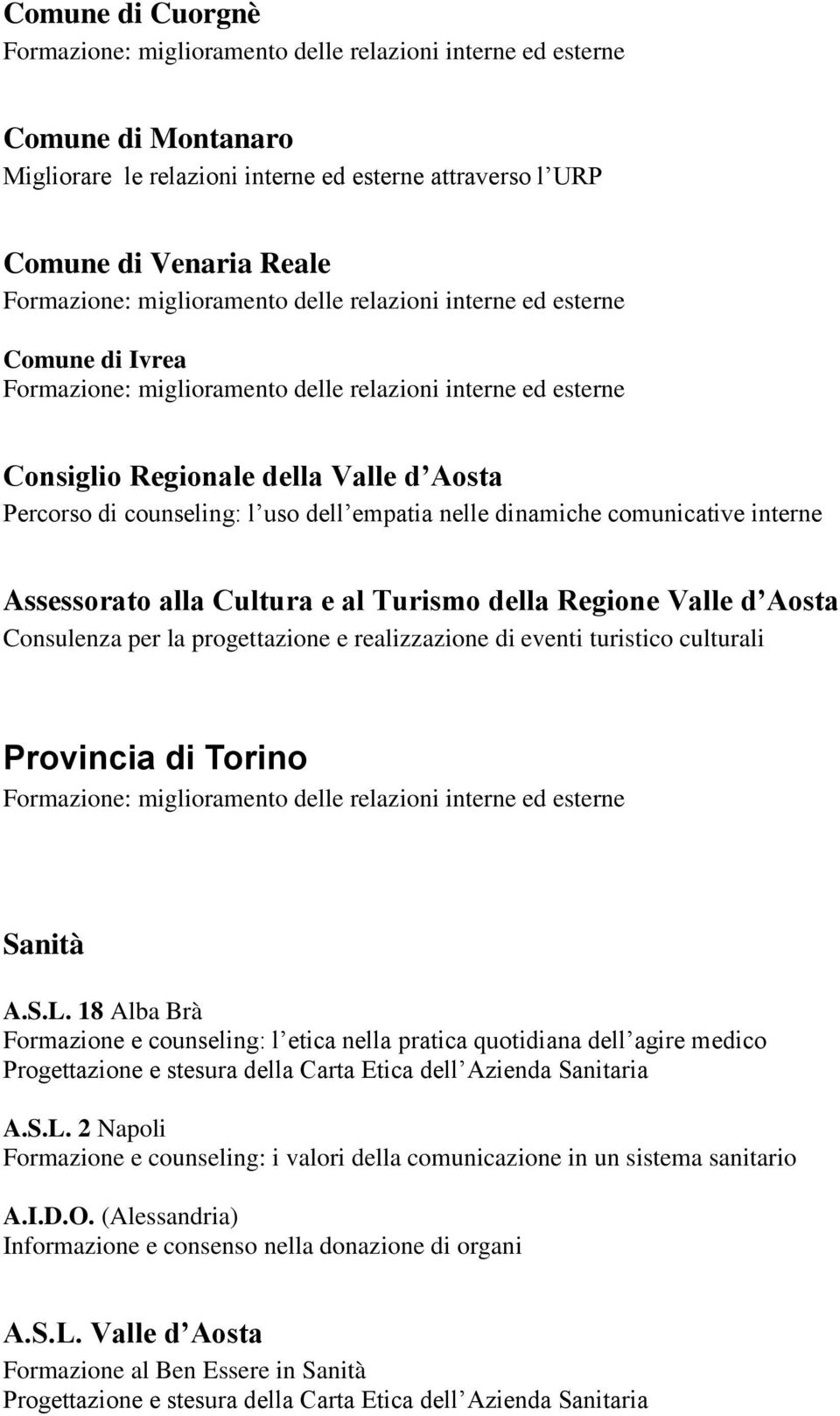 turistico culturali Provincia di Torino Sanità A.S.L.