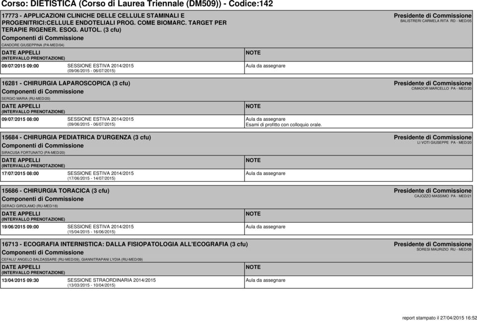 (3 cfu) CANDORE GIUSEPPINA (PA-MED/04) 09/07/2015 09:00 SESSIONE ESTIVA 2014/2015 (09/06/2015-06/07/2015) 16281 - CHIRURGIA LAPAROSCOPICA (3 cfu) SERGIO MARIA (RU-MED/20) 09/07/2015 08:00 SESSIONE