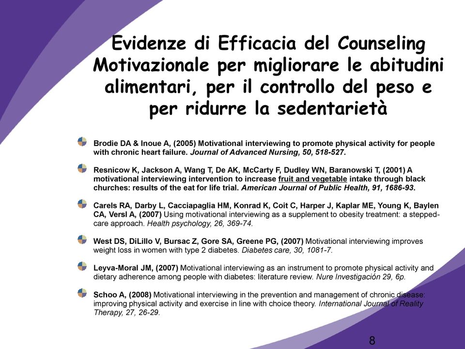 Resnicow K, Jackson A, Wang T, De AK, McCarty F, Dudley WN, Baranowski T, (2001) A motivational interviewing intervention to increase fruit and vegetable intake through black churches: results of the