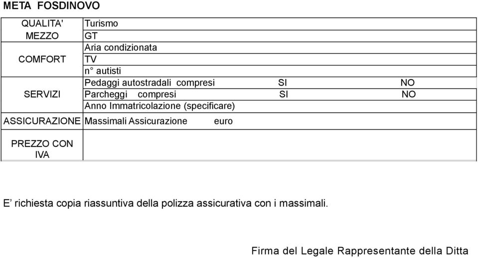 (specificare) ASSICURAZIONE Massimali Assicurazione PREZZO CON IVA euro E richiesta copia