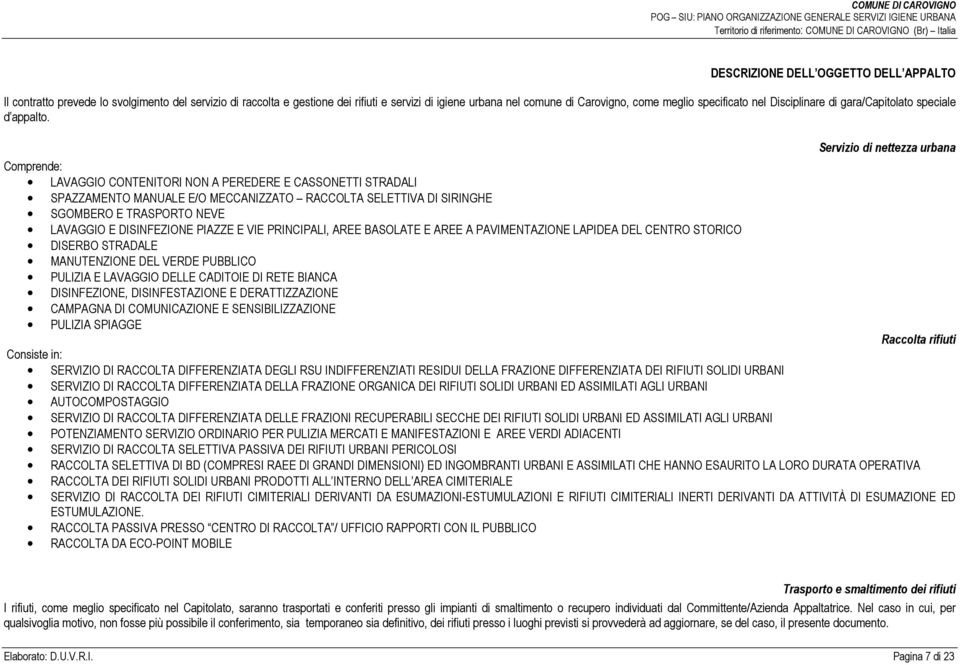 Servizio di nettezza urbana Comprende: LAVAGGIO CONTENITORI NON A PEREDERE E CASSONETTI STRADALI SPAZZAMENTO MANUALE E/O MECCANIZZATO RACCOLTA SELETTIVA DI SIRINGHE SGOMBERO E TRASPORTO NEVE LAVAGGIO