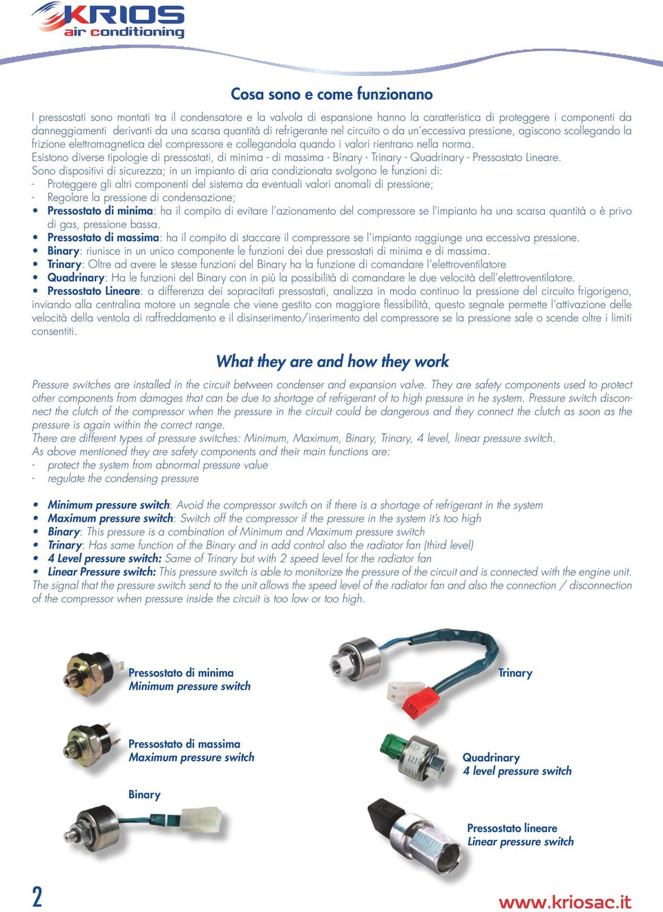 Esistono diverse tipologie di pressostati, di minima - di massima - Binary - Trinary - Quadrinary - Pressostato Lineare.