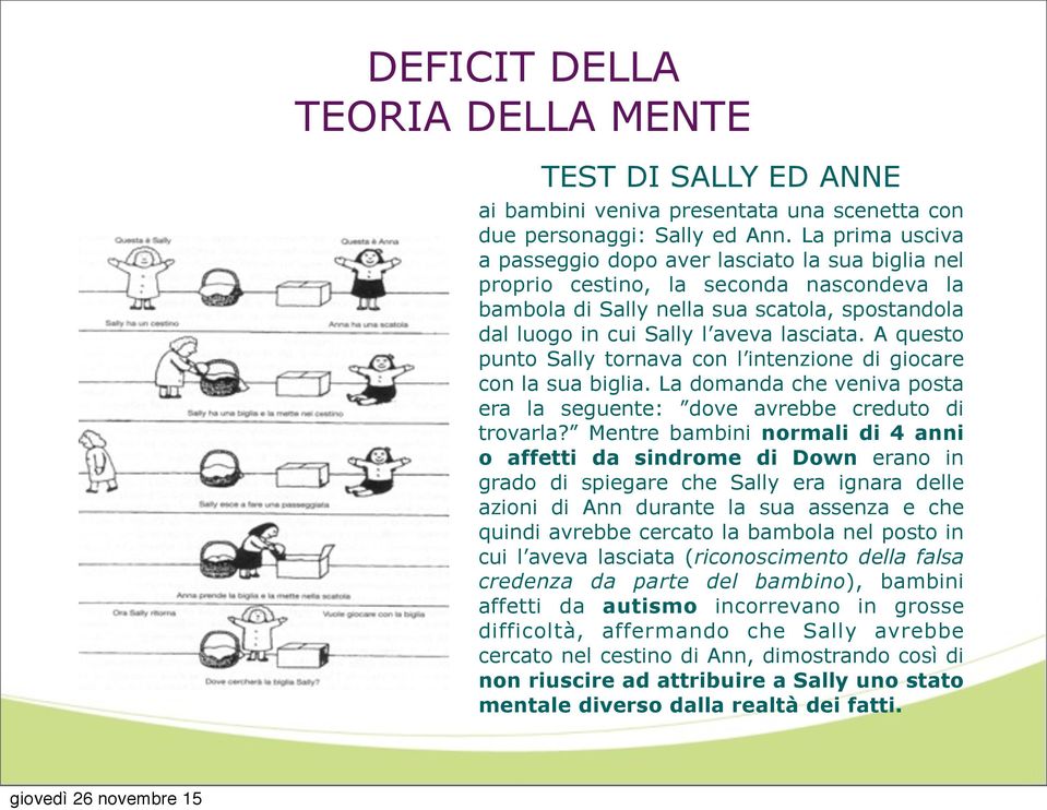 A questo punto Sally tornava con l intenzione di giocare con la sua biglia. La domanda che veniva posta era la seguente: dove avrebbe creduto di trovarla?