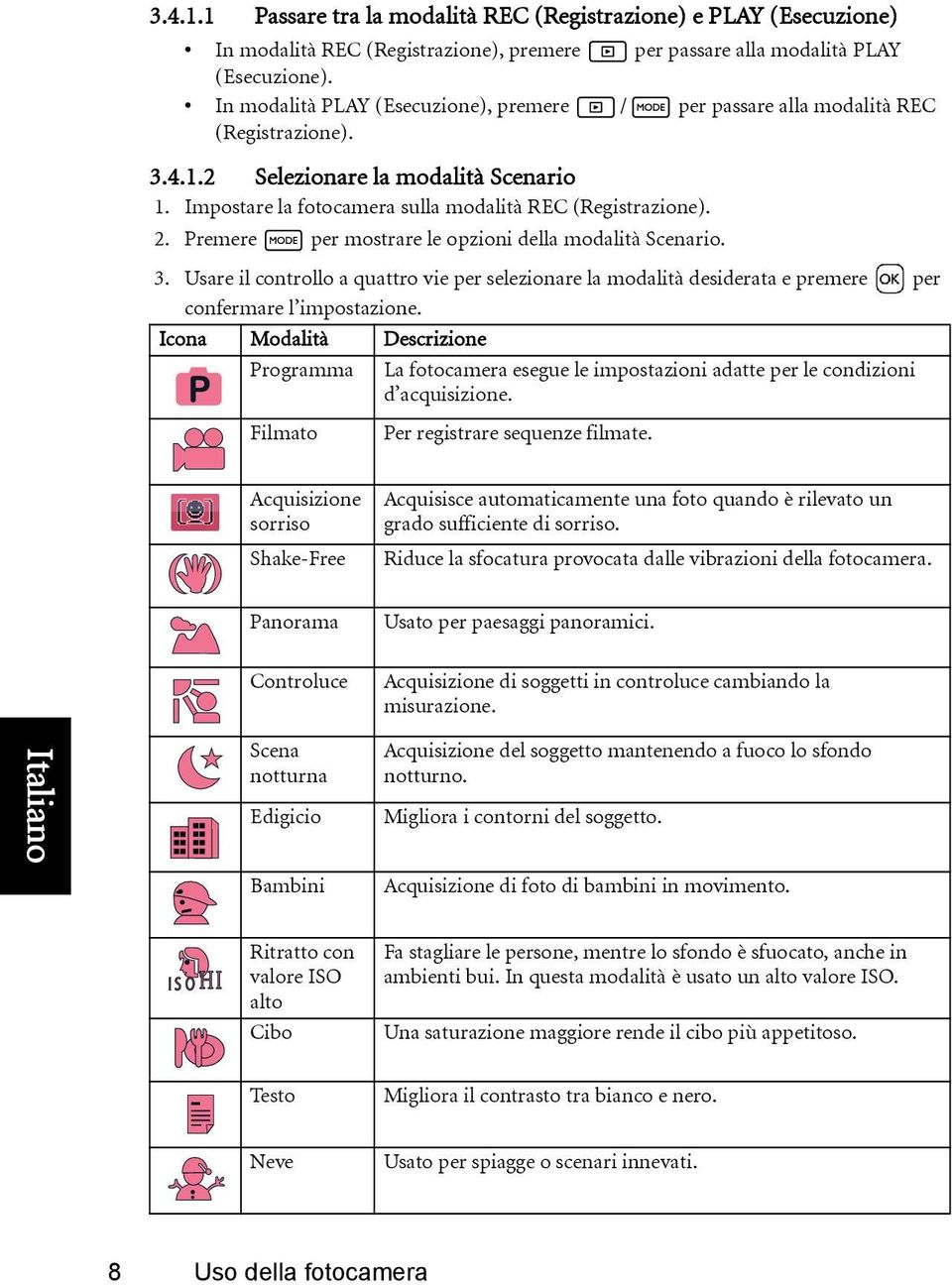 Premere per mostrare le opzioni della modalità Scenario. 3. Usare il controllo a quattro vie per selezionare la modalità desiderata e premere per confermare l impostazione.