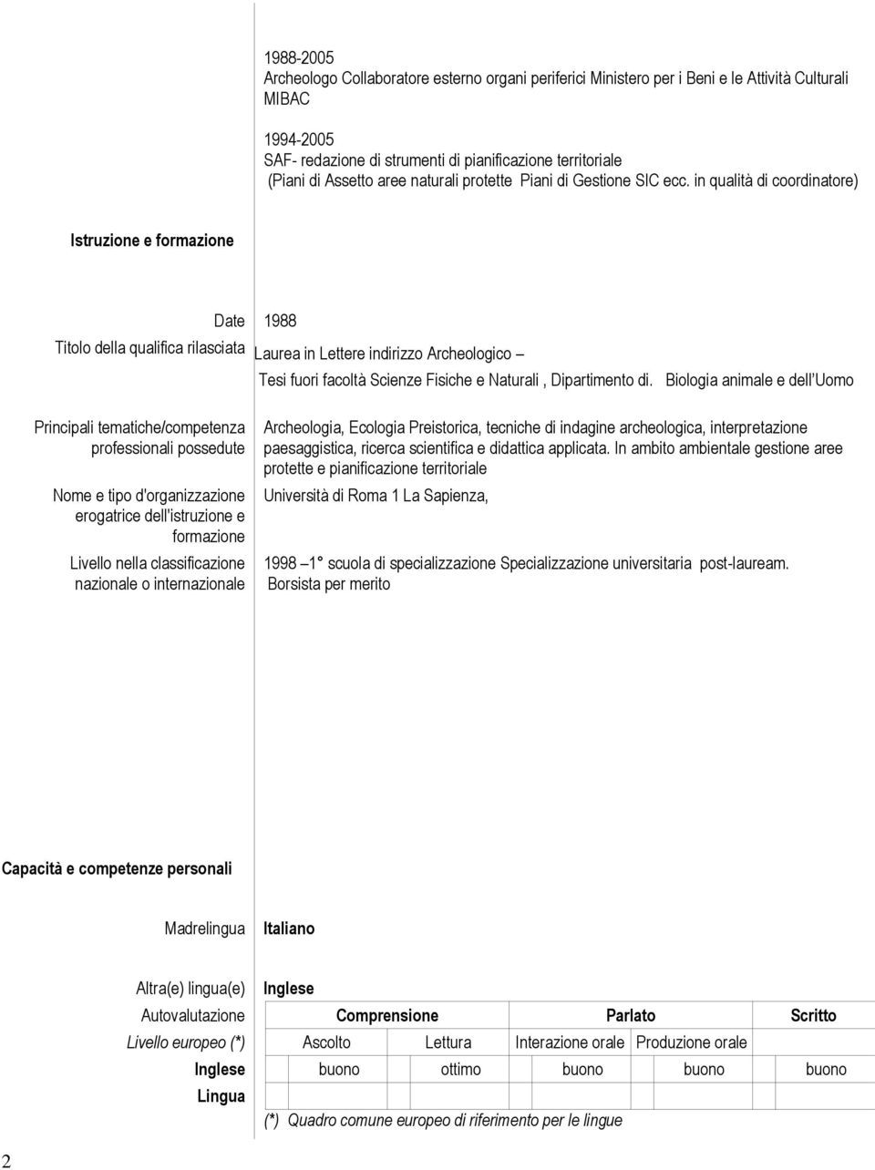 in qualità di coordinatore) Istruzione e formazione Date 1988 Titolo della qualifica rilasciata Laurea in Lettere indirizzo Archeologico Tesi fuori facoltà Scienze Fisiche e Naturali, Dipartimento di.