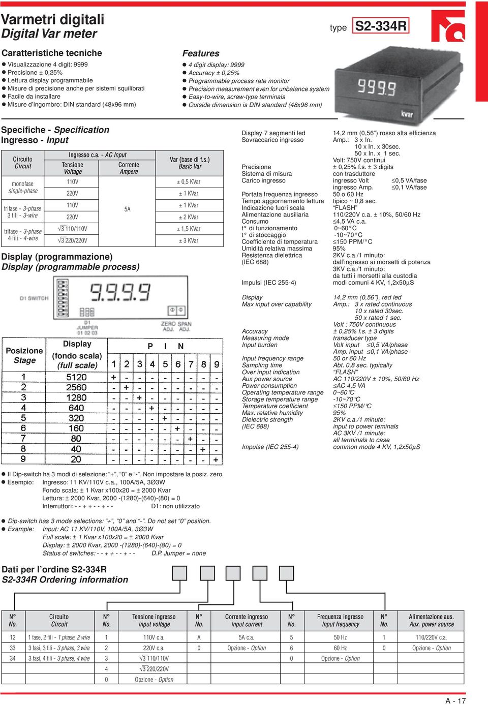 Easy-to-wire, screw-type terminals Outside dimension is DIN standard (48x96 mm) type S2-334R Specifiche - Specification Ingresso - Input Circuito Circuit monofase single-phase trifase - 3-phase 3