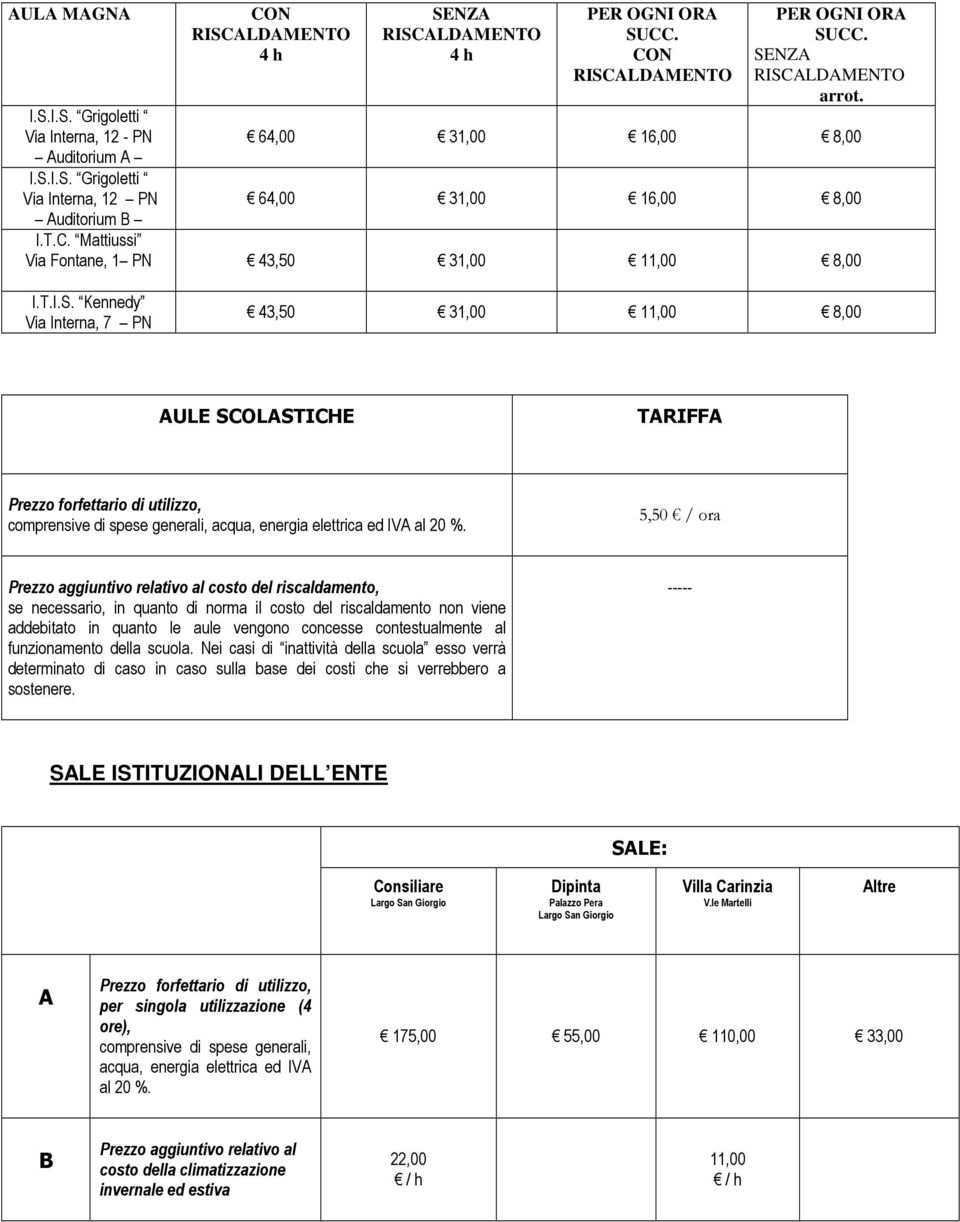 5,50 / ora Prezzo aggiuntivo relativo al costo del riscaldamento, se necessario, in quanto di norma il costo del riscaldamento non viene addebitato in quanto le aule vengono concesse contestualmente