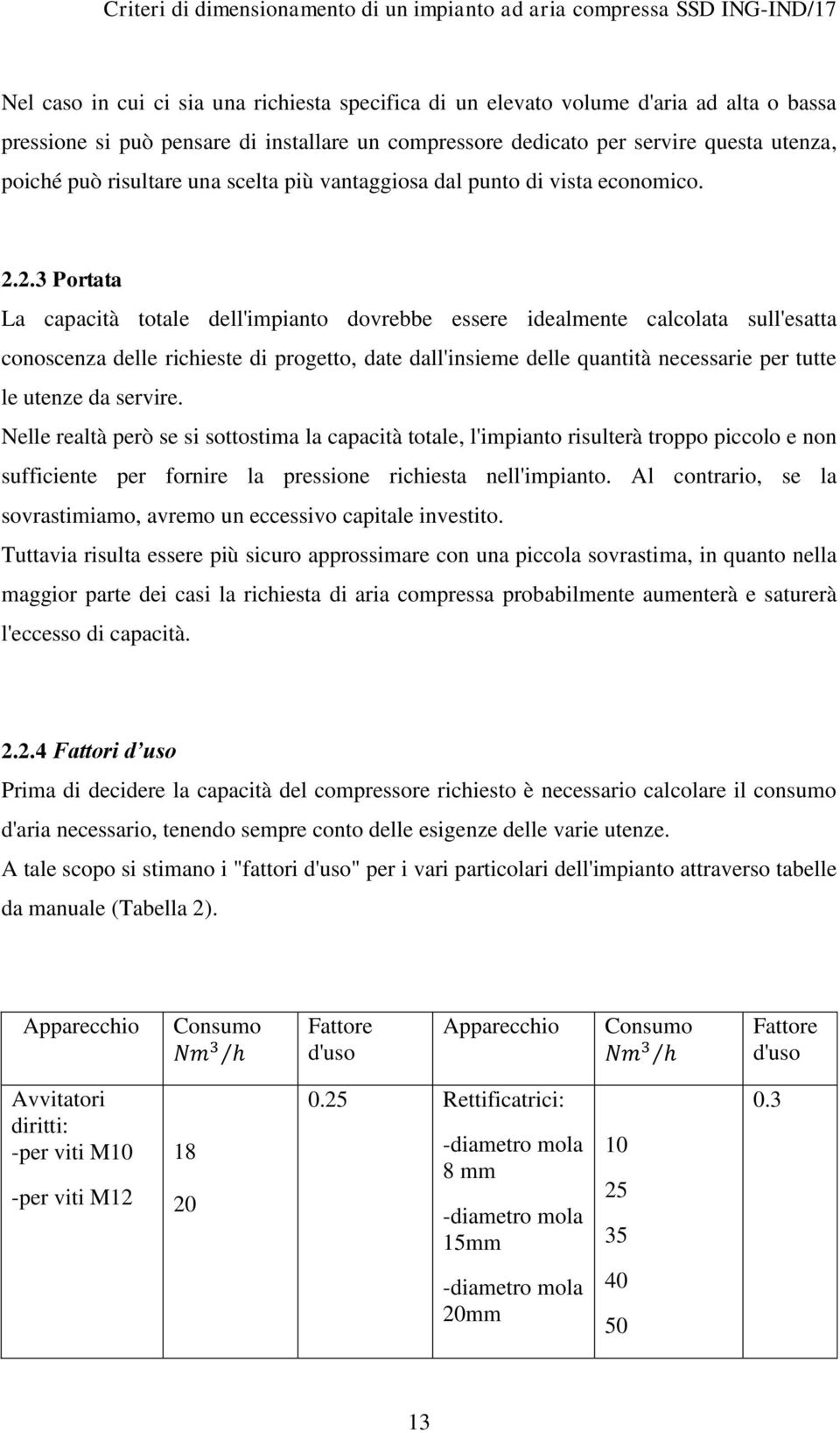 2.3 Portata La capacità totale dell'impianto dovrebbe essere idealmente calcolata sull'esatta conoscenza delle richieste di progetto, date dall'insieme delle quantità necessarie per tutte le utenze