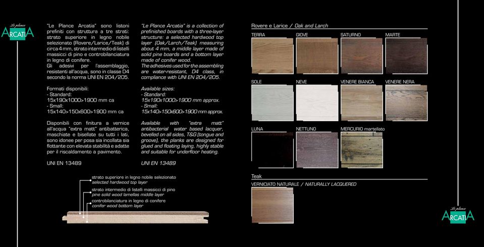 Le Plance Arcatia is a collection of prefinished boards with a three-layer structure: a selected hardwood top layer (Oak/Larch/Teak) measuring about 4 mm, a middle layer made of solid pine boards and