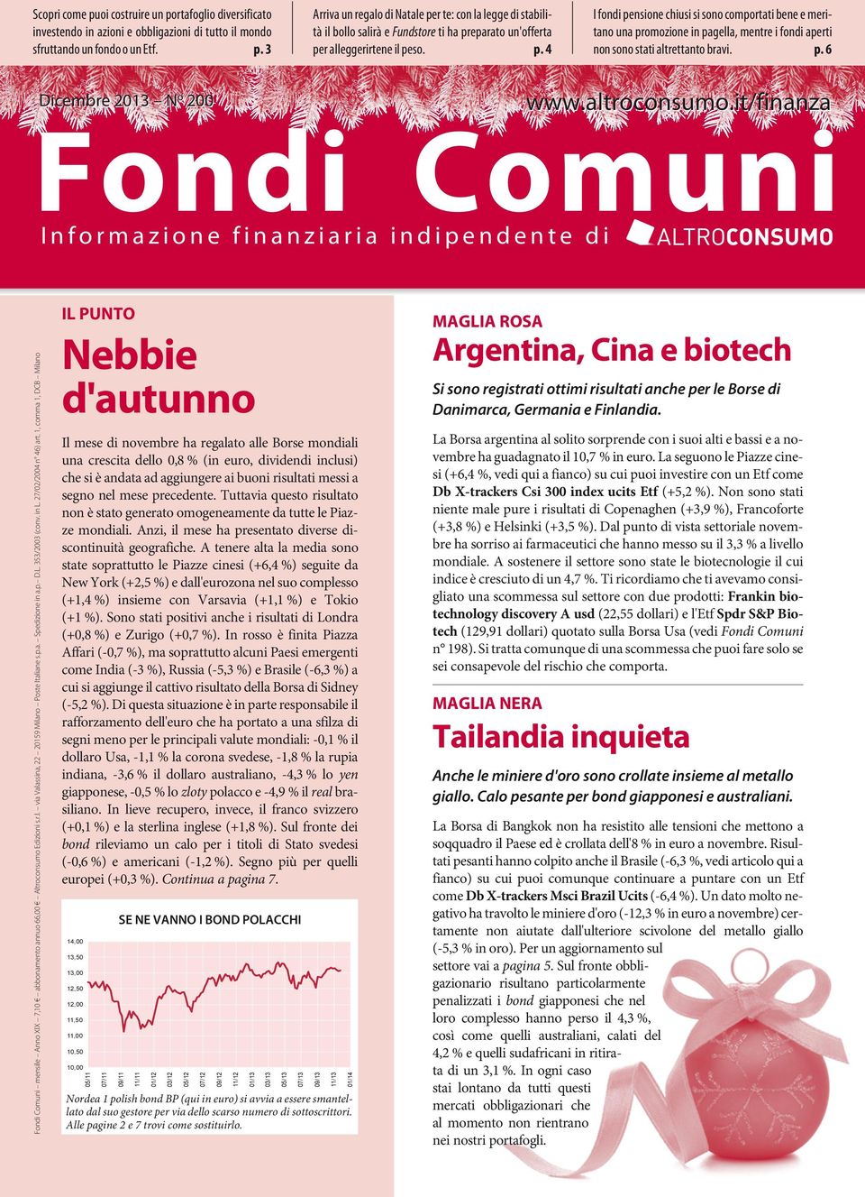 it/finanza Dicembre 2013 No 200 Fondi Comuni IL PUNTO MAGLIA ROSA Nebbie d'autunno Argentina, Cina e biotech Il mese di novembre ha regalato alle Borse mondiali una crescita dello 0,8 % (in euro,