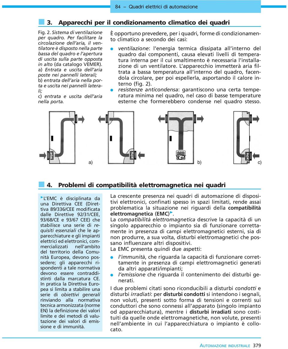 a) Entrata e uscita dell aria poste nei pannelli laterali; b) entrata dell aria nella porta e uscita nei pannelli laterali; c) entrata e uscita dell aria nella porta.