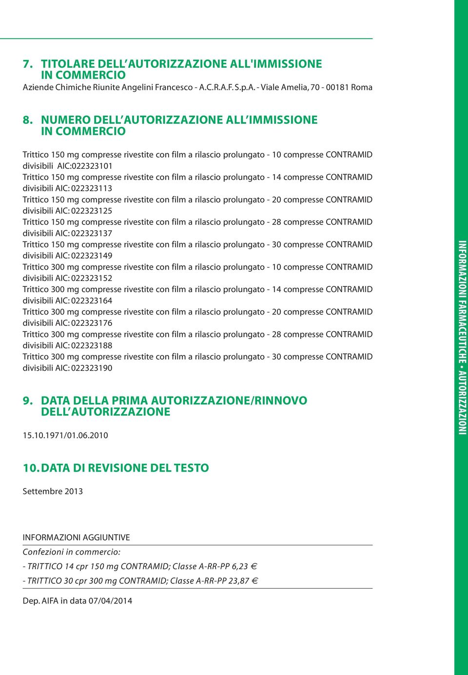 rivestite con film a rilascio prolungato - 14 compresse CONTRAMID divisibili AIC: 022323113 Trittico 150 mg compresse rivestite con film a rilascio prolungato - 20 compresse CONTRAMID divisibili AIC: