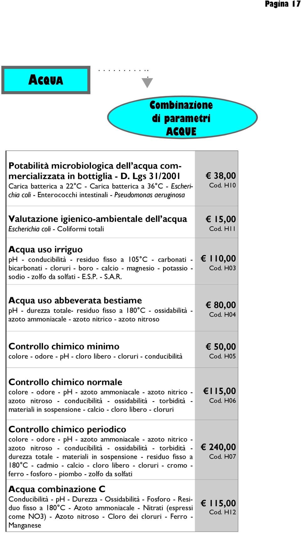 H10 Valutazione igienico-ambientale dell acqua Escherichia coli - Coliformi totali Acqua uso irriguo ph - conducibilità - residuo fisso a 105 C - carbonati - bicarbonati - cloruri - boro - calcio -