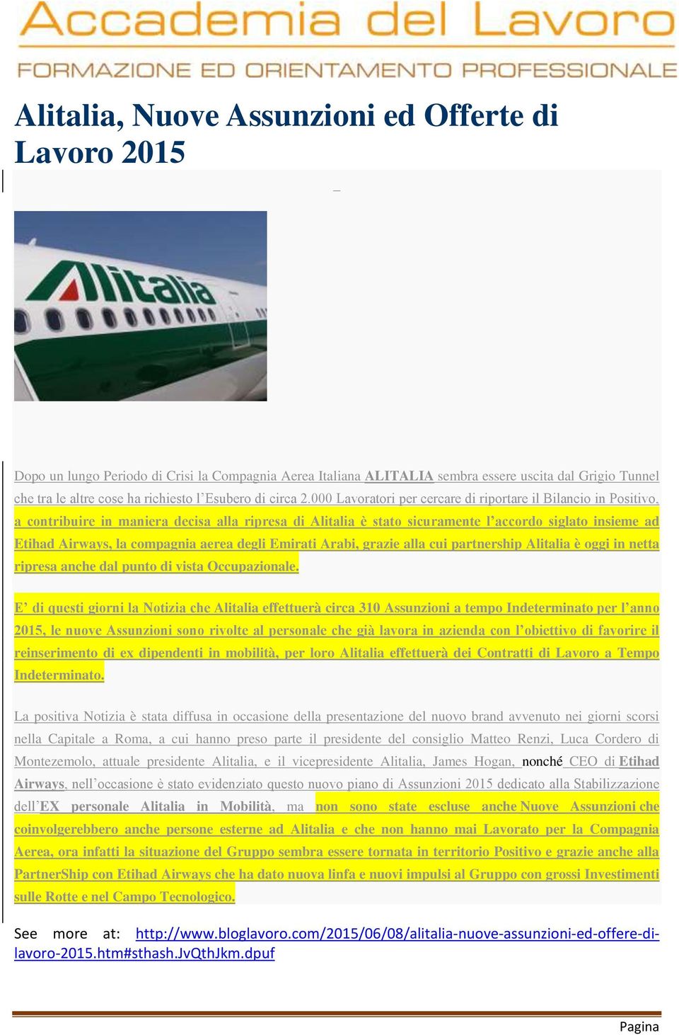 000 Lavoratori per cercare di riportare il Bilancio in Positivo, a contribuire in maniera decisa alla ripresa di Alitalia è stato sicuramente l accordo siglato insieme ad Etihad Airways, la compagnia