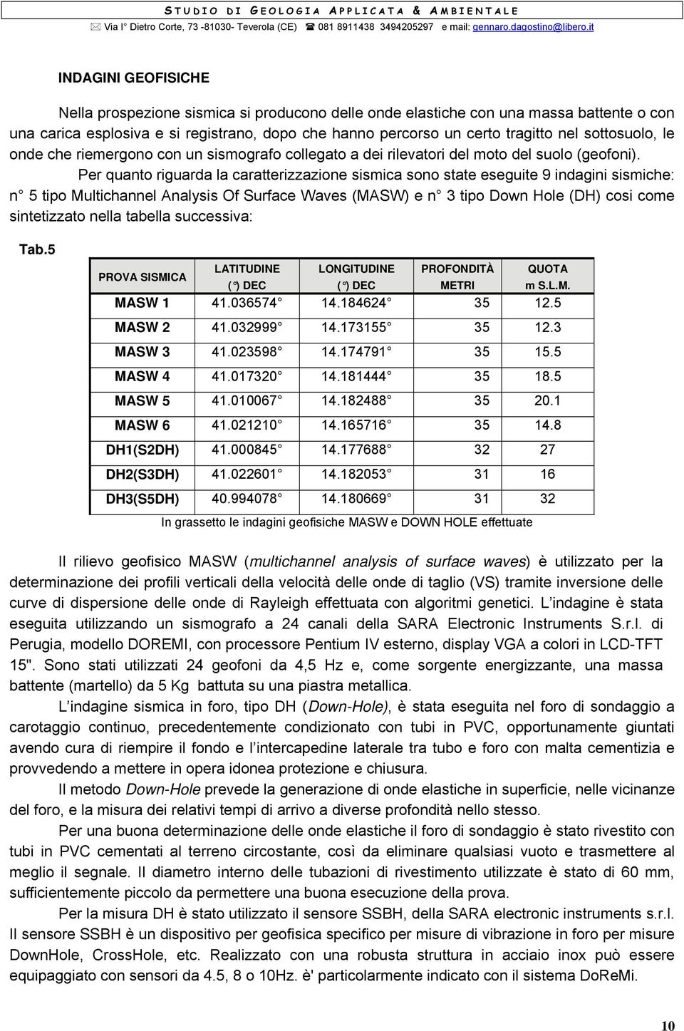 Per quanto riguarda la caratterizzazione sismica sono state eseguite 9 indagini sismiche: n 5 tipo Multichannel Analysis Of Surface Waves (MASW) e n 3 tipo Down Hole (DH) cosi come sintetizzato nella