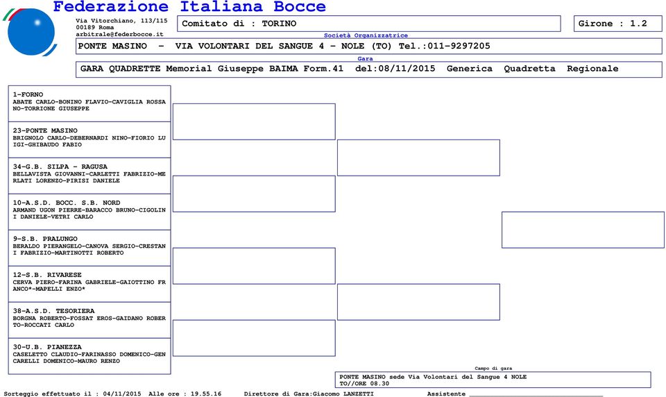 S.D. TESORIERA BORGNA ROBERTO-FOSSAT EROS-GAIDANO ROBER TO-ROCCATI CARLO 30-U.B. PIANEZZA CASELETTO CLAUDIO-FARINASSO DOMENICO-GEN CARELLI DOMENICO-MAURO RENZO PONTE MASINO sede Via Volontari del Sangue 4 NOLE TO//ORE 08.