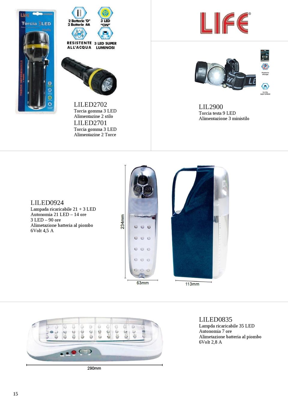 ricaricabile 21 + 3 LED Autonomia 21 LED 14 ore 3 LED 90 ore Alimetazione batteria al piombo