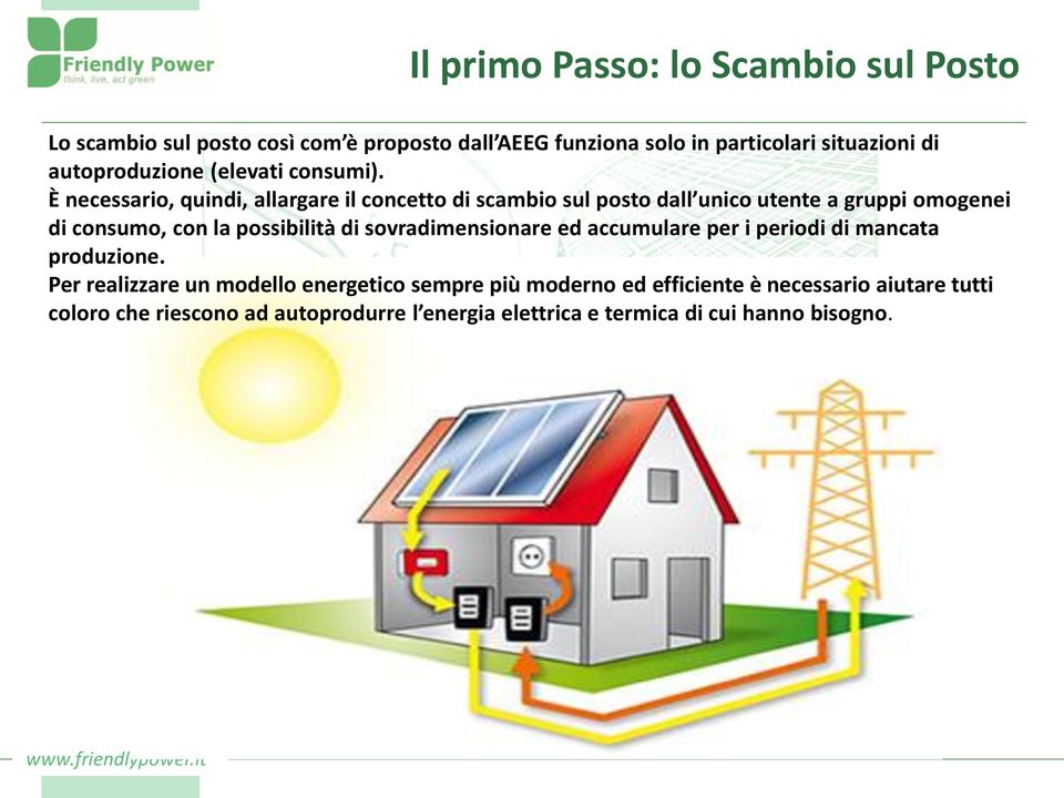 È necessario, quindi, allargare il concetto di scambio sul posto dall unico utente a gruppi omogenei di consumo, con la possibilità di