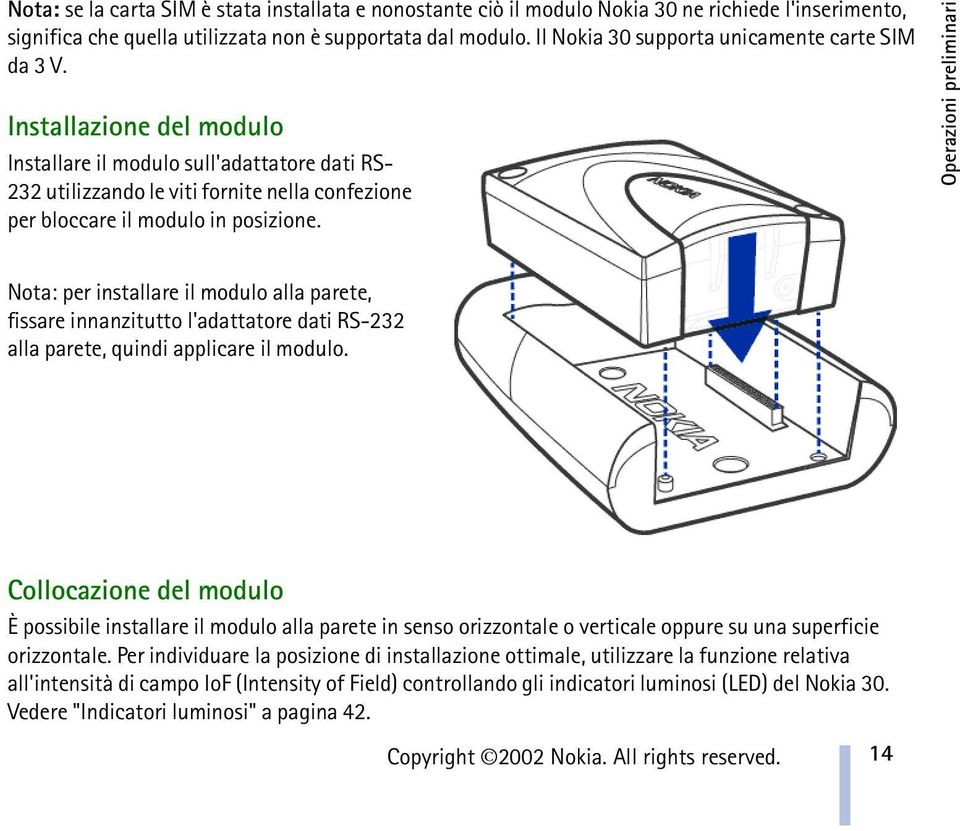 Installazione del modulo Installare il modulo sull'adattatore dati RS- 232 utilizzando le viti fornite nella confezione per bloccare il modulo in posizione.