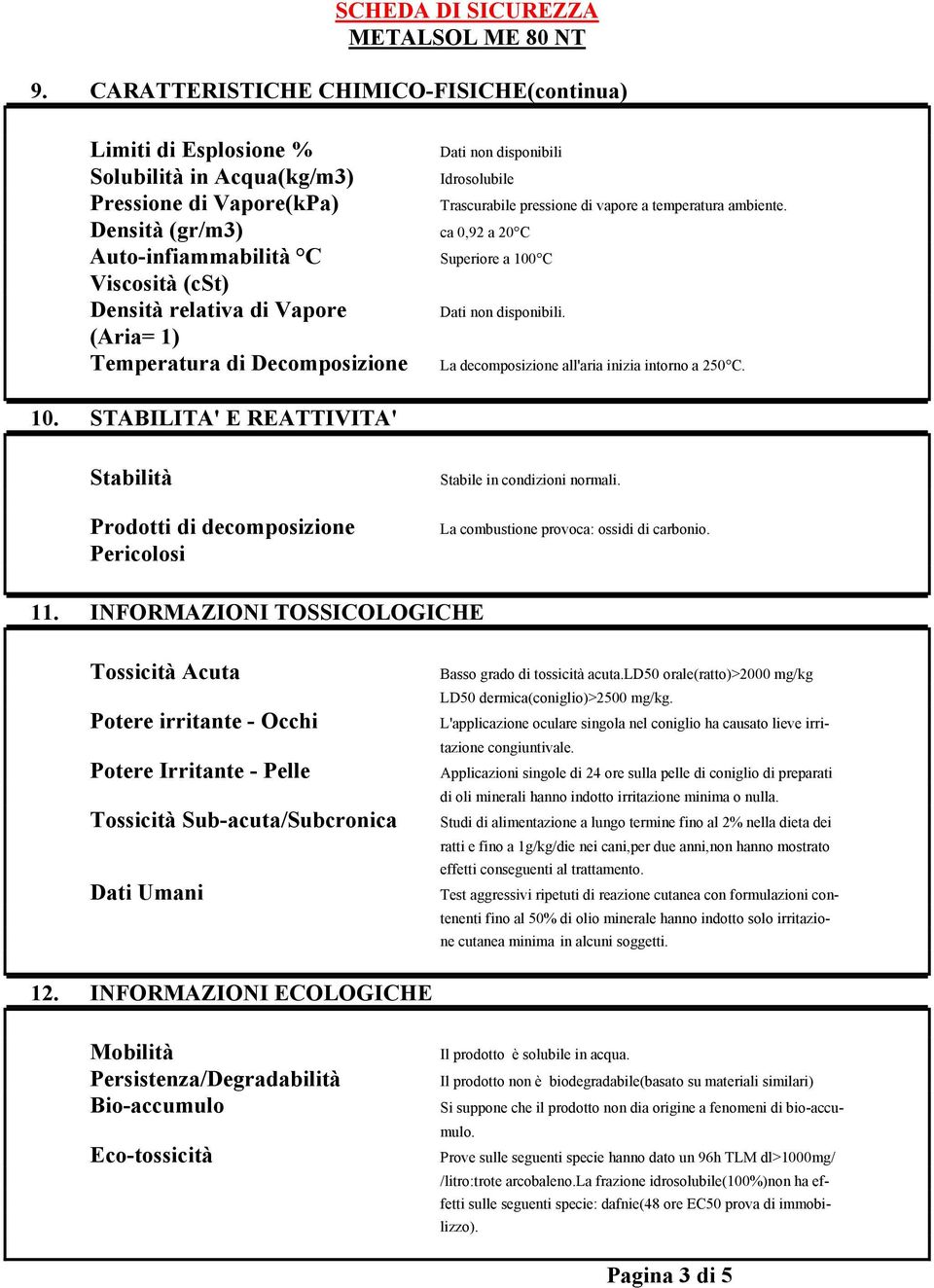 Dati non disponibili. La decomposizione all'aria inizia intorno a 250 C. Stabilità Prodotti di decomposizione Pericolosi Stabile in condizioni normali. La combustione provoca: ossidi di carbonio. 11.