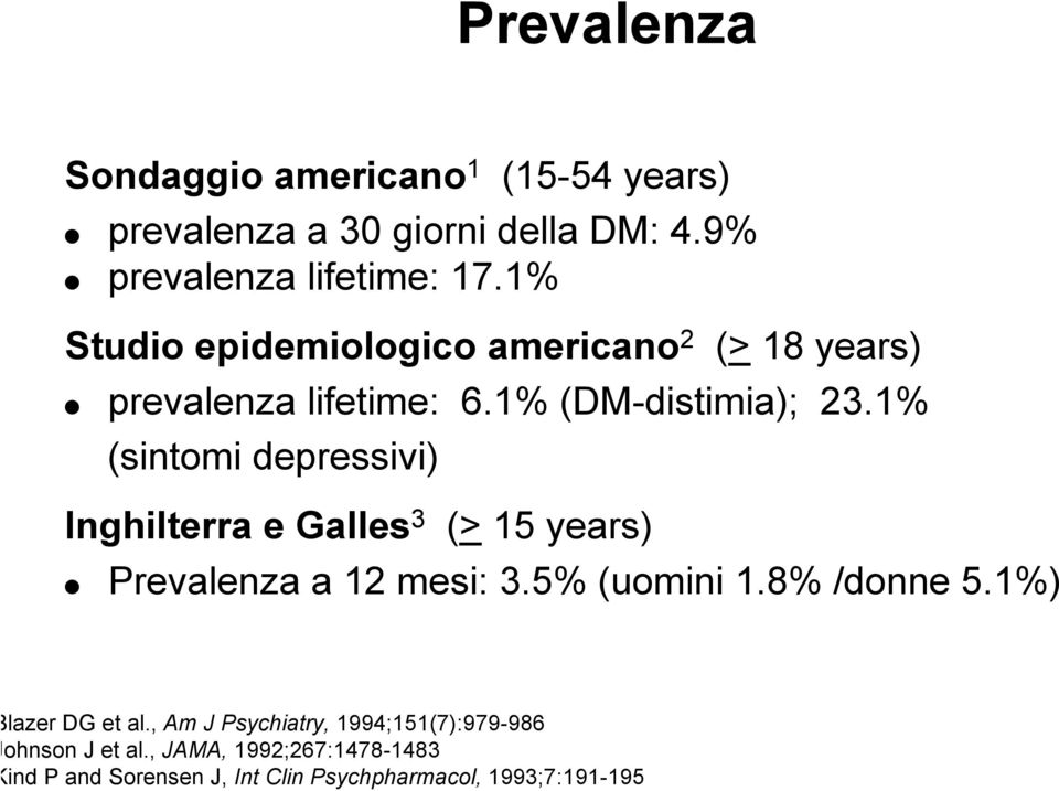 1% (sintomi depressivi) Inghilterra e Galles 3 (> 15 years) l Prevalenza a 12 mesi: 3.5% (uomini 1.8% /donne 5.