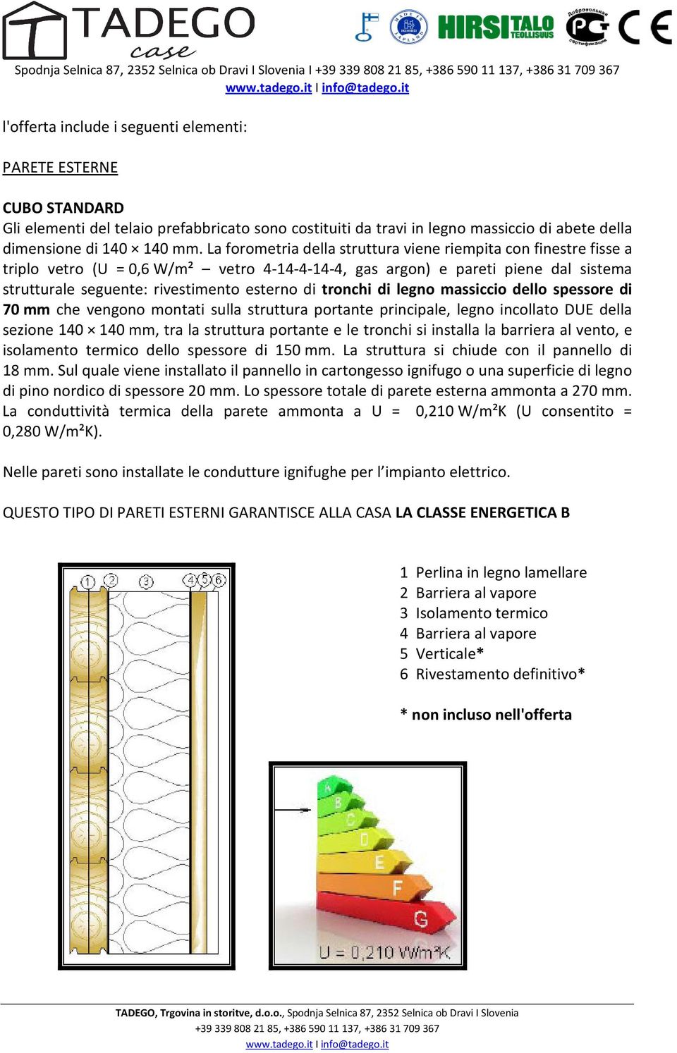 La forometria della struttura viene riempita con finestre fisse a triplo vetro (U = 0,6 W/m² vetro 4-14-4-14-4, gas argon) e pareti piene dal sistema strutturale seguente: rivestimento esterno di