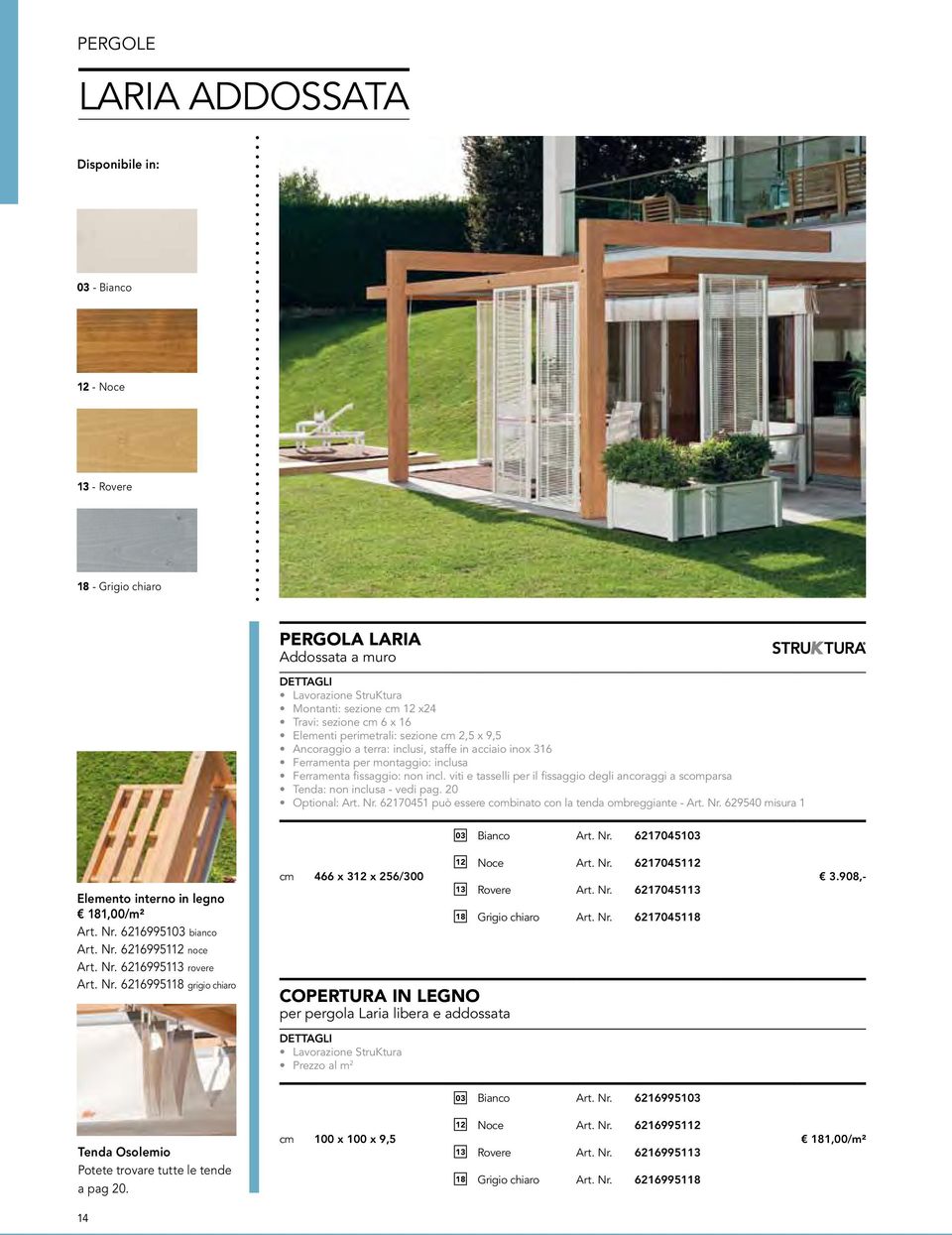 viti e tasselli per il fissaggio degli ancoraggi a scomparsa Tenda: non inclusa - vedi pag. 20 Optional: Art. Nr. 62170451 può essere combinato con la tenda ombreggiante - Art. Nr. 629540 misura 1 03 Bianco Art.