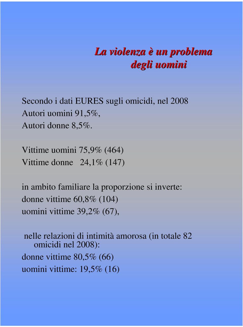 Vittime uomini 75,9% (464) Vittime donne 24,1% (147) in ambito familiare la proporzione si inverte: