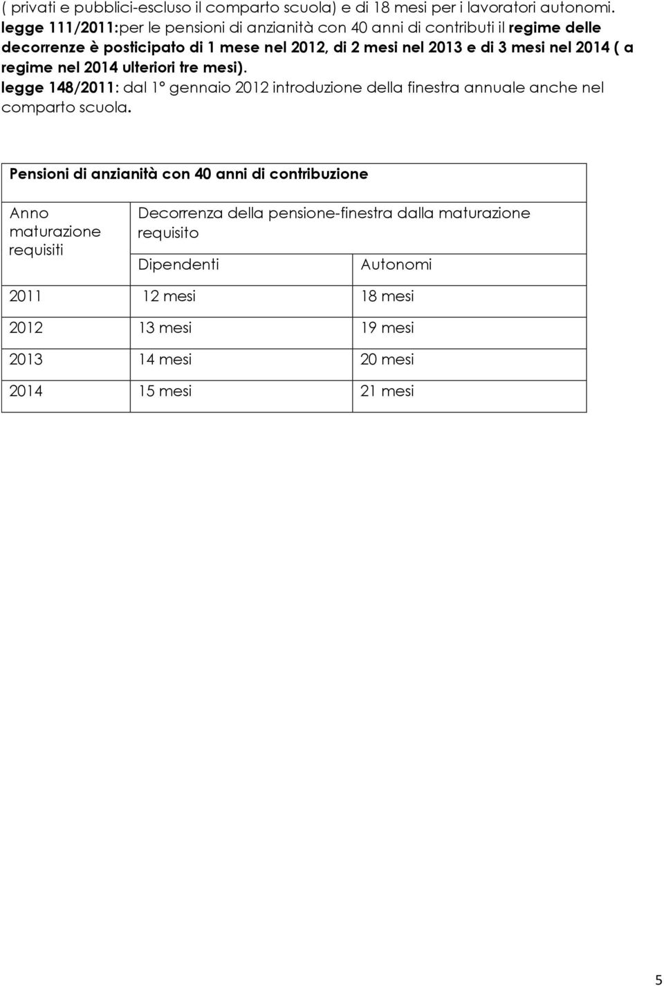 nel 2014 ( a regime nel 2014 ulteriori tre mesi). legge 148/2011: dal 1 gennaio 2012 introduzione della finestra annuale anche nel comparto scuola.