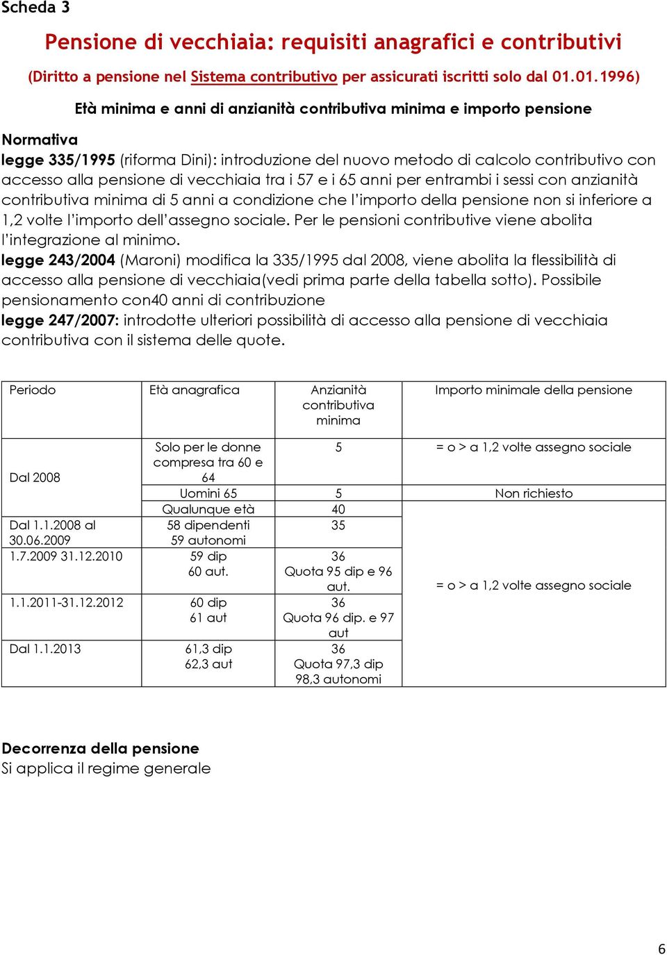 di vecchiaia tra i 57 e i 65 anni per entrambi i sessi con anzianità contributiva minima di 5 anni a condizione che l importo della pensione non si inferiore a 1,2 volte l importo dell assegno