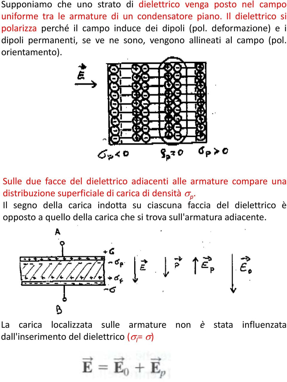 orientamento). Sulle due facce del dielettrico adiacenti alle armature compare una distribuzione superficiale di carica di densità p.