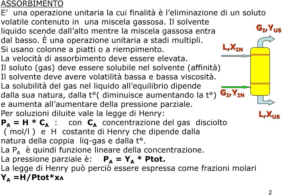 La velocità di assorbimento deve essere elevata. Il soluto (gas) deve essere solubile nel solvente (affinità) Il solvente deve avere volatilità bassa e bassa viscosità.