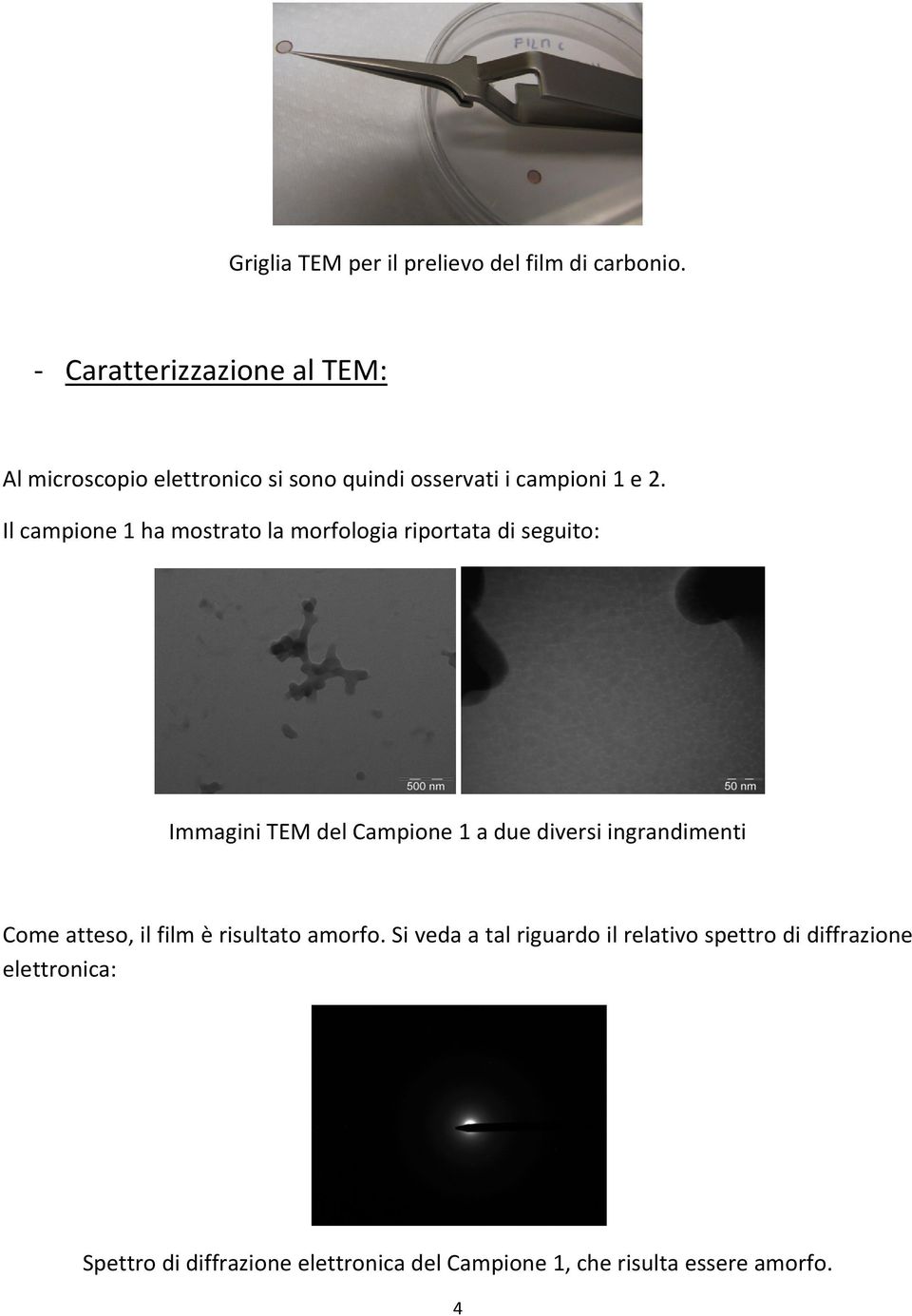 Il campione 1 ha mostrato la morfologia riportata di seguito: Immagini TEM del Campione 1 a due diversi