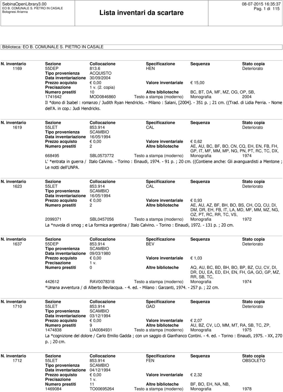 914 CAL Deteriorato Tipo provenienza SCAMBIO Data inventariazione 16/05/1994 Prezzo acquisto 0,00 Valore inventariale 0,62 Numero prestiti 2 Altre biblioteche AE, AU, BC, BF, BO, CN, CQ, EH, EN, FB,