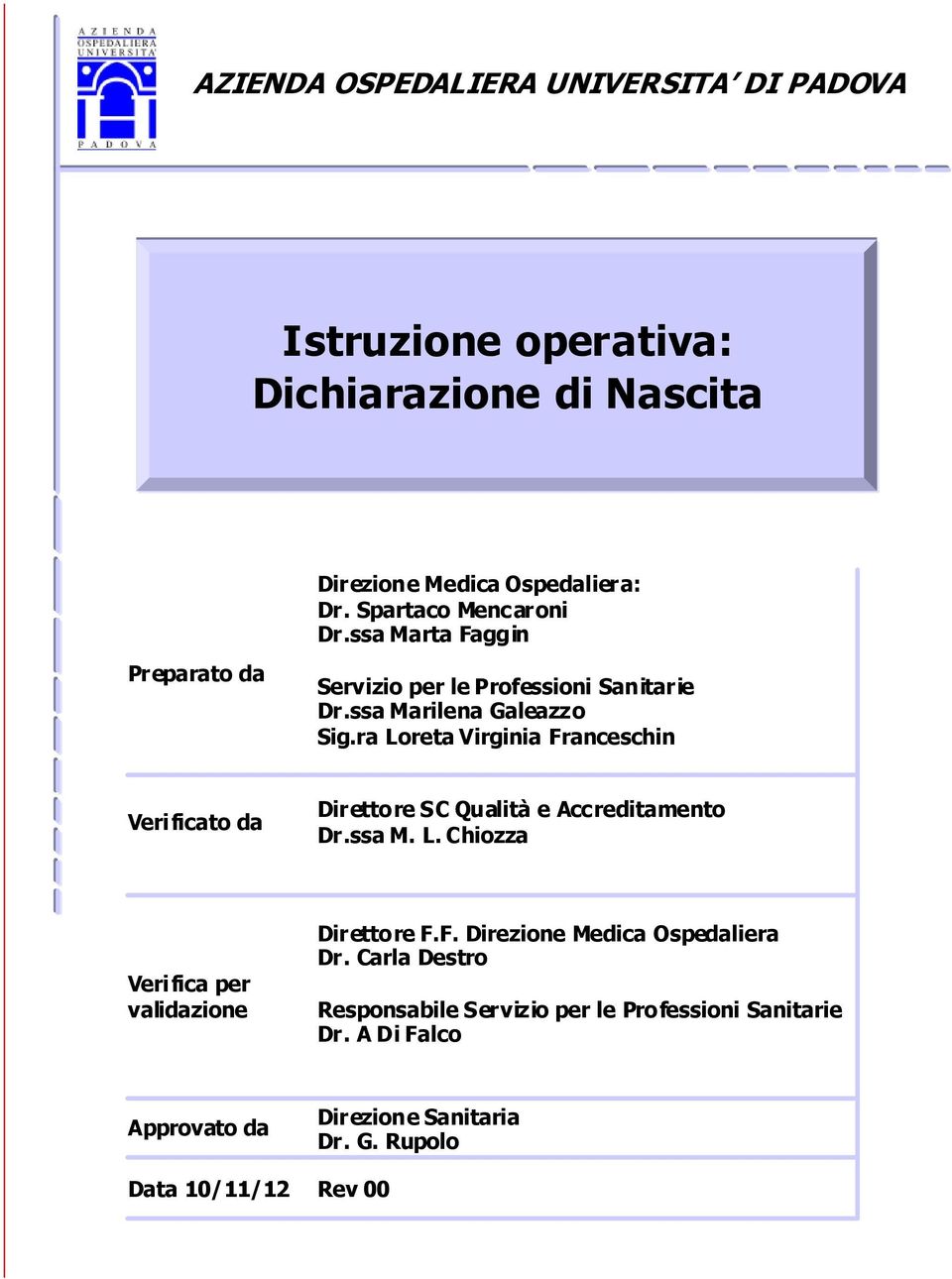 ra Loreta Virginia Franceschin Veri ficato da Direttore SC Qualità e Accreditamento Dr.ssa M. L. Chiozza Verifica per validazione Direttore F.