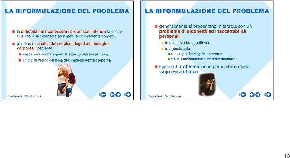 inadeguatezza corporea generalmente si presentano in terapia con un problema d inidoneità ed inaccettabilità personali descritto come oggettivo e marginalizzato alla propria